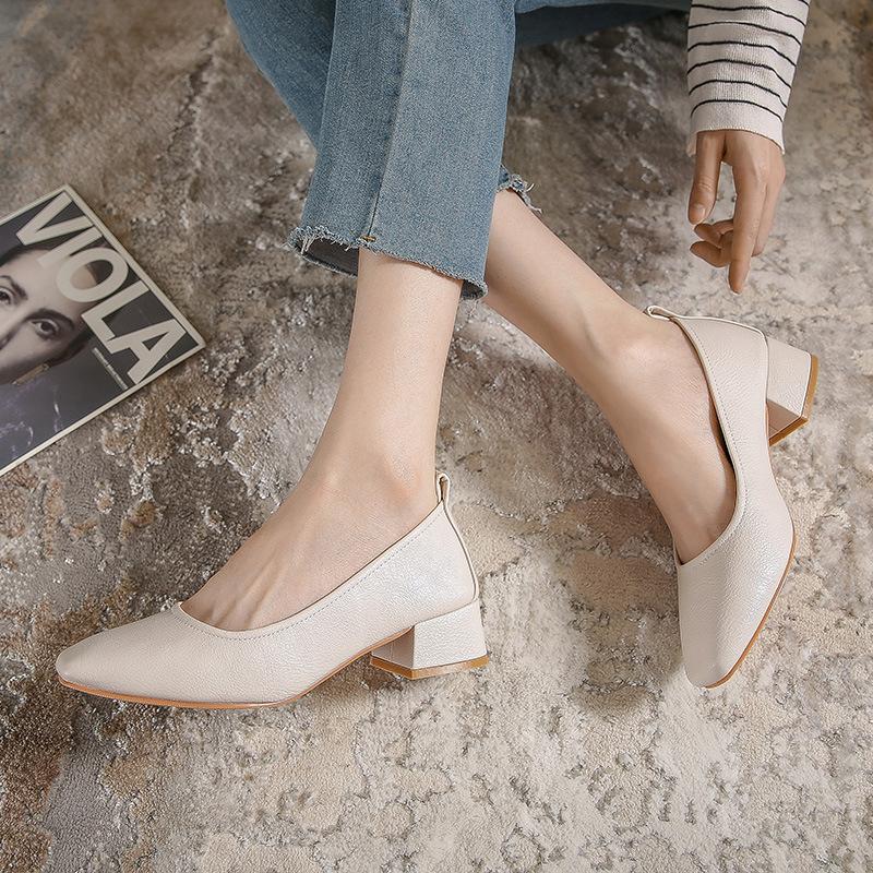 Fashion Woman Spring Elegant Square Toe Shallow Mouth Walk Mary Janes Leisure Female Black Designer 4CM High Heel Girl Work Shoes