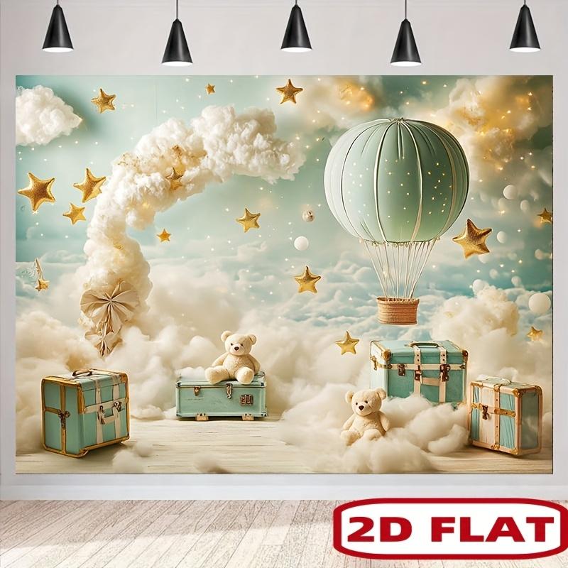 2D flat wacky sky background banner with hot air balloon  teddy bear and suitcase
