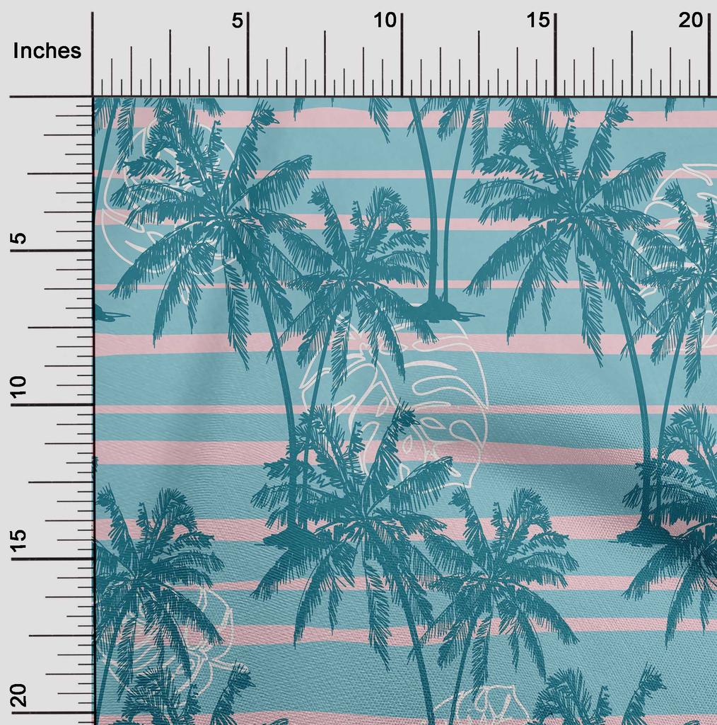 oneOone Cotton Flex Dark Teal Green Fabric Tropical Plam Tree With Stripes Sewing Material Print Fabric By The Yard 40 Inch