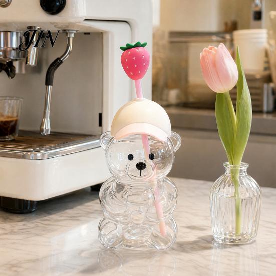 Cartoon Straw Heads Set Cute Bear Glass Cup with & Lid, 500/591ml Plastic/Glass Water Bottle for Baseball Cap Lid Cold/Hot Drinks, Pattern Coffee Mug