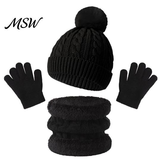 Thermal Fleece Lined Winter Accessories Kids Warm Knit Set, Bear Ear Hat, Neck Gaiter & Thickened Warmth Set for Autumn Full Finger Gloves, Thick Cold