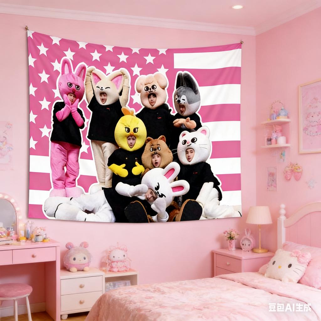 1 шт. Гобелен K-pop 'Stray Kids' Милый дизайн Флага с Розовыми Звездами Белыми Полосами Полиэстер Идеально Подходит для Декора Спальни Комнаты K-pop