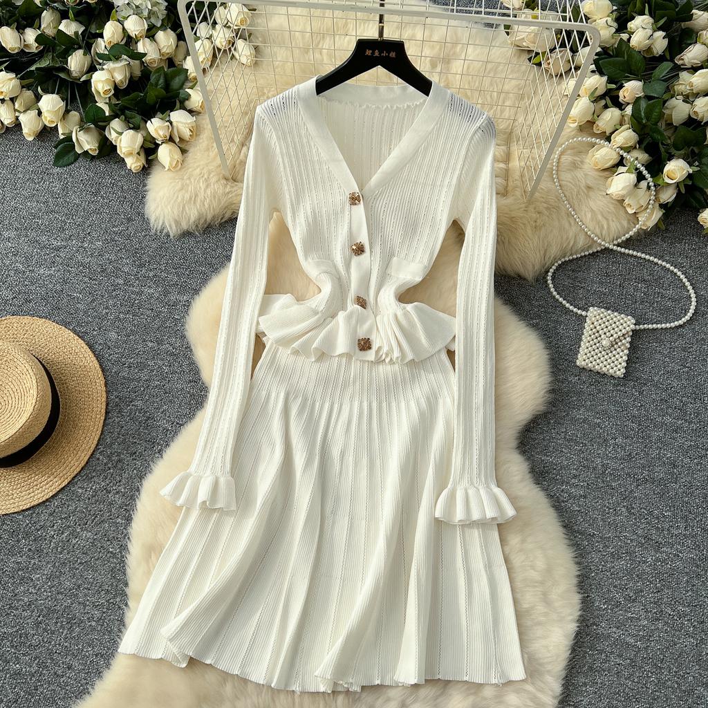 Элегантные вязанные винтажные шикарные платья с V-образным вырезом и длинными рукавами, облегающие платья для офисных леди во французском стиле, одежда для улицы, осень-зима