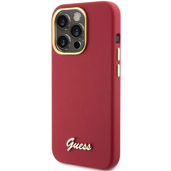 Guess Silicone Script Metal Logo & Frame Case For Iphone 15 Pro - Red