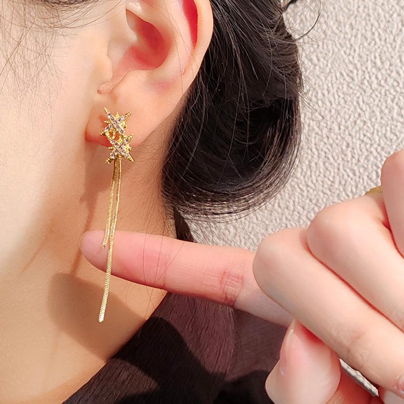 925 Серьги-гвоздики женские октаграммы длинные серьги с бахромой модные универсальные тонкие серьги женские украшения для ушей