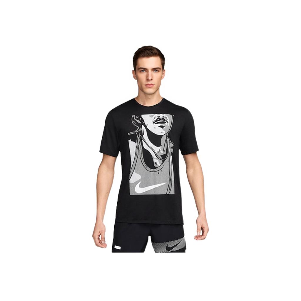Nike Футболка Rise 365 Run Energy Printed Quick-Dry Straight-Cut с круглым вырезом и коротким рукавом SS24 Regular Shoulder, мужские топы, черный цвет FN3997-010