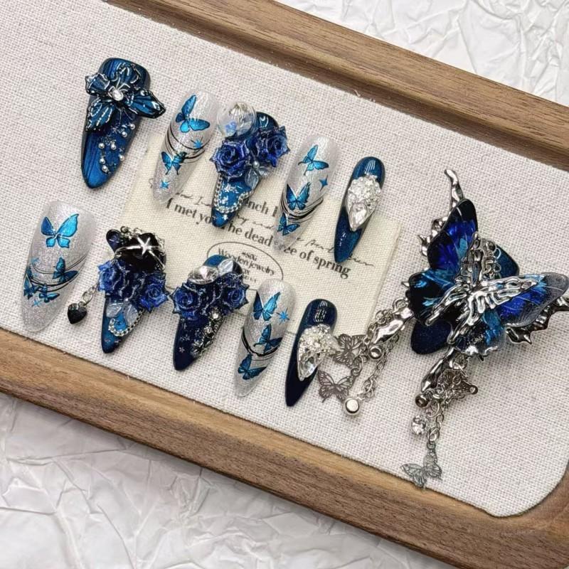 Handmade 11-Piece Blue 3D Butterfly Press-On Nails Medium Length Women Girls Sweet Chic Style