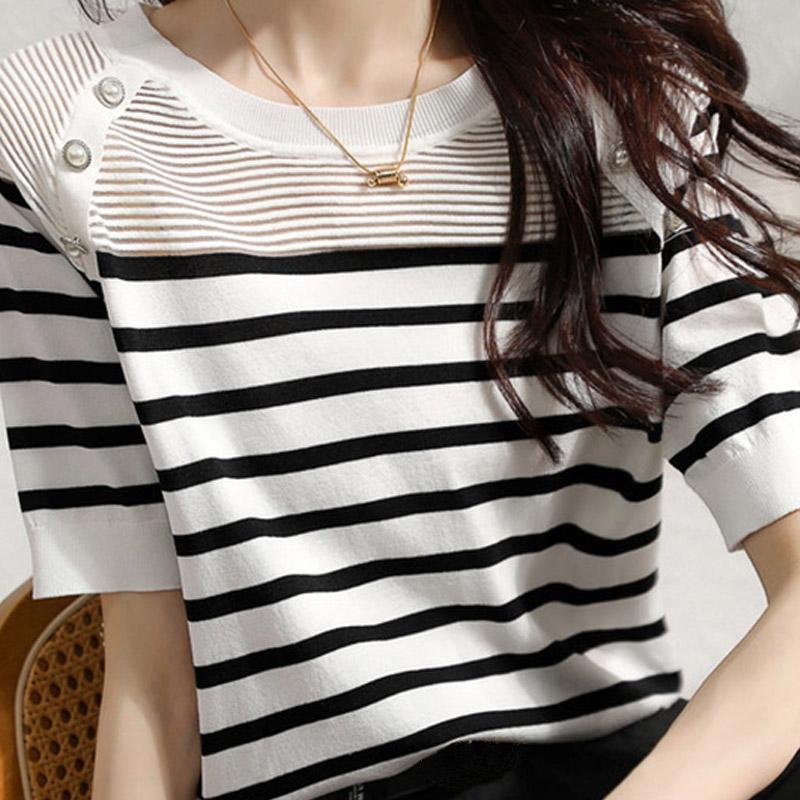 Женские свитера, пуловеры, 2025, лето, короткий рукав, полосатый, с круглым вырезом, белый, черный, вязаный свитер, женские топы, пуловер JJ275