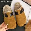 Flats Women Fluffy Slippers Suede Short Plush Cotton Mules Shoes 2025 Trend Walking Warm Designer Buckle Winter Snow Botas Mujer