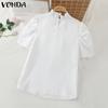 VONDA Женские летние однотонные блузки с воротником-стойкой и коротким рукавом с оборками