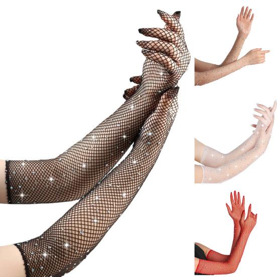 1 Pair Women Prom Arm Sleeves See-through Hollow Out Fishnet Rhinestone Decor Ultra Thin Fingerless Performances Bride Wedding Photo Prop Arm Cuffs