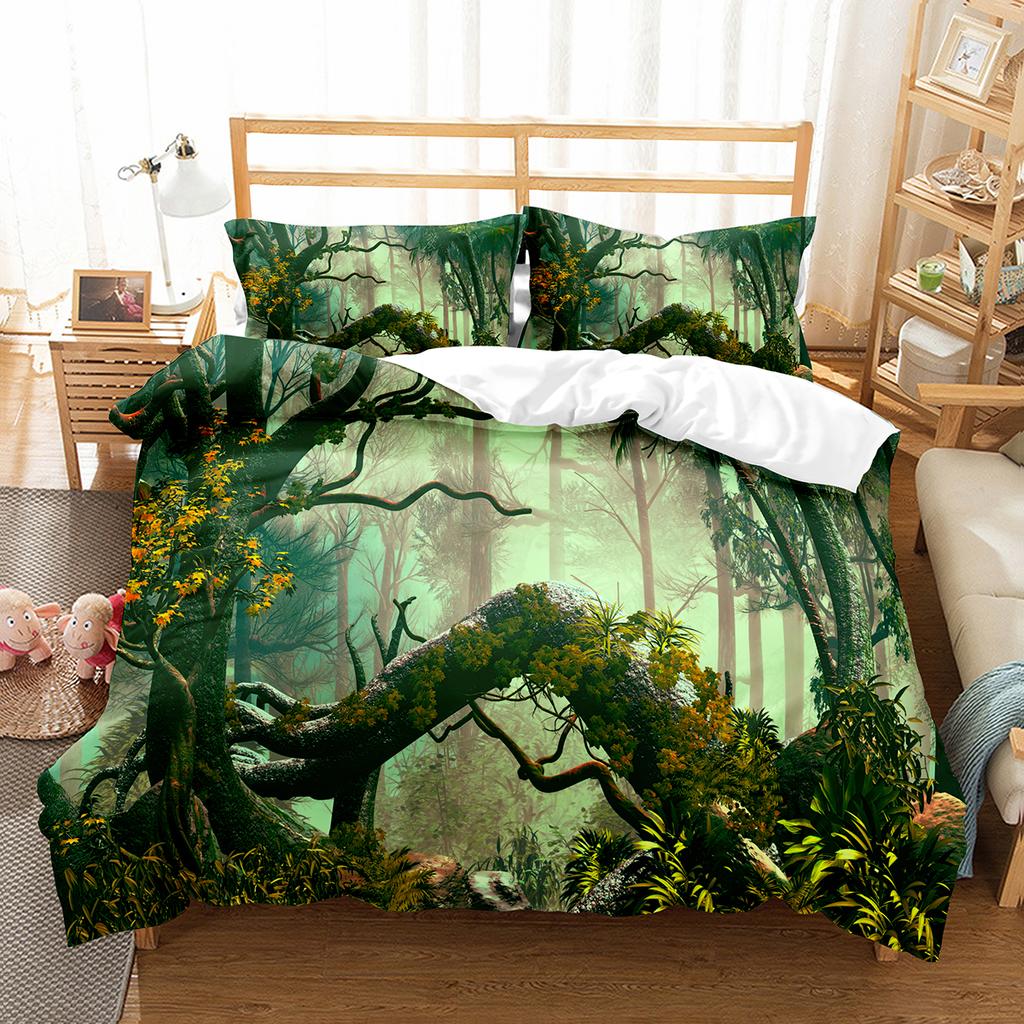 Green Jungle Theme King Queen Full Duvet Cover Forest Trees Bedding Set Natural Landscape Quilt Cover Polyester Comforter Cover
