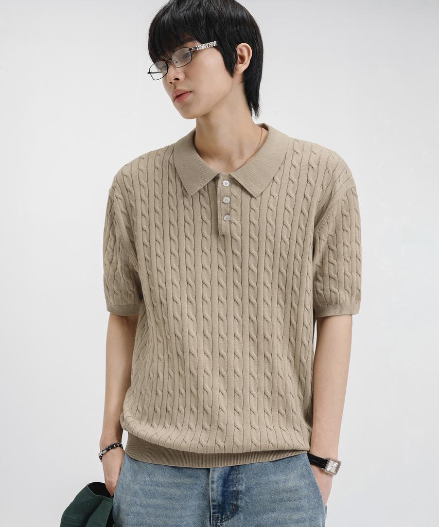 LEMAIN SECOND Oversized Washable Collared Cable Short Sleeve Knit [Beige]