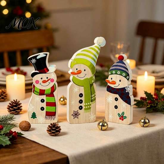 Christmas Centerpiece for Dining Table 3Pcs Wooden Snowman Decorations, Rustic Farmhouse Figurines with Colorful Decoration Hat Scarf, Xmas