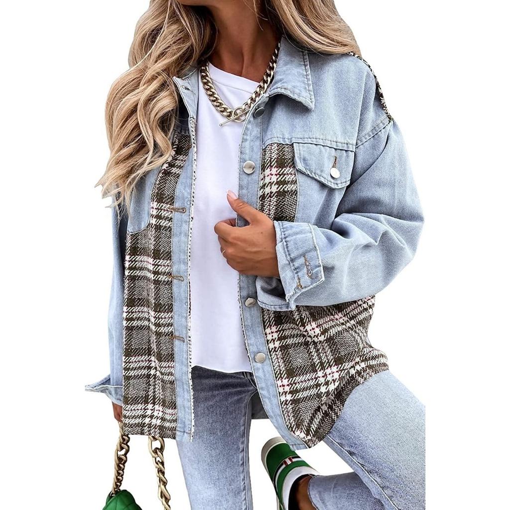 Denim Jacket, Long Sleeved, Checkered, Button Up, Shirt, Jacket Top