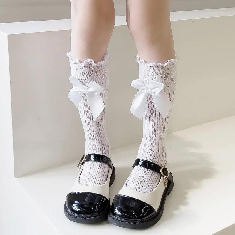 Children Girls Cute Style Bow Long Fishnet Calf Socks Thin Breathable Bowknot In Tube Socks Summer Hollow Out Lace Sock