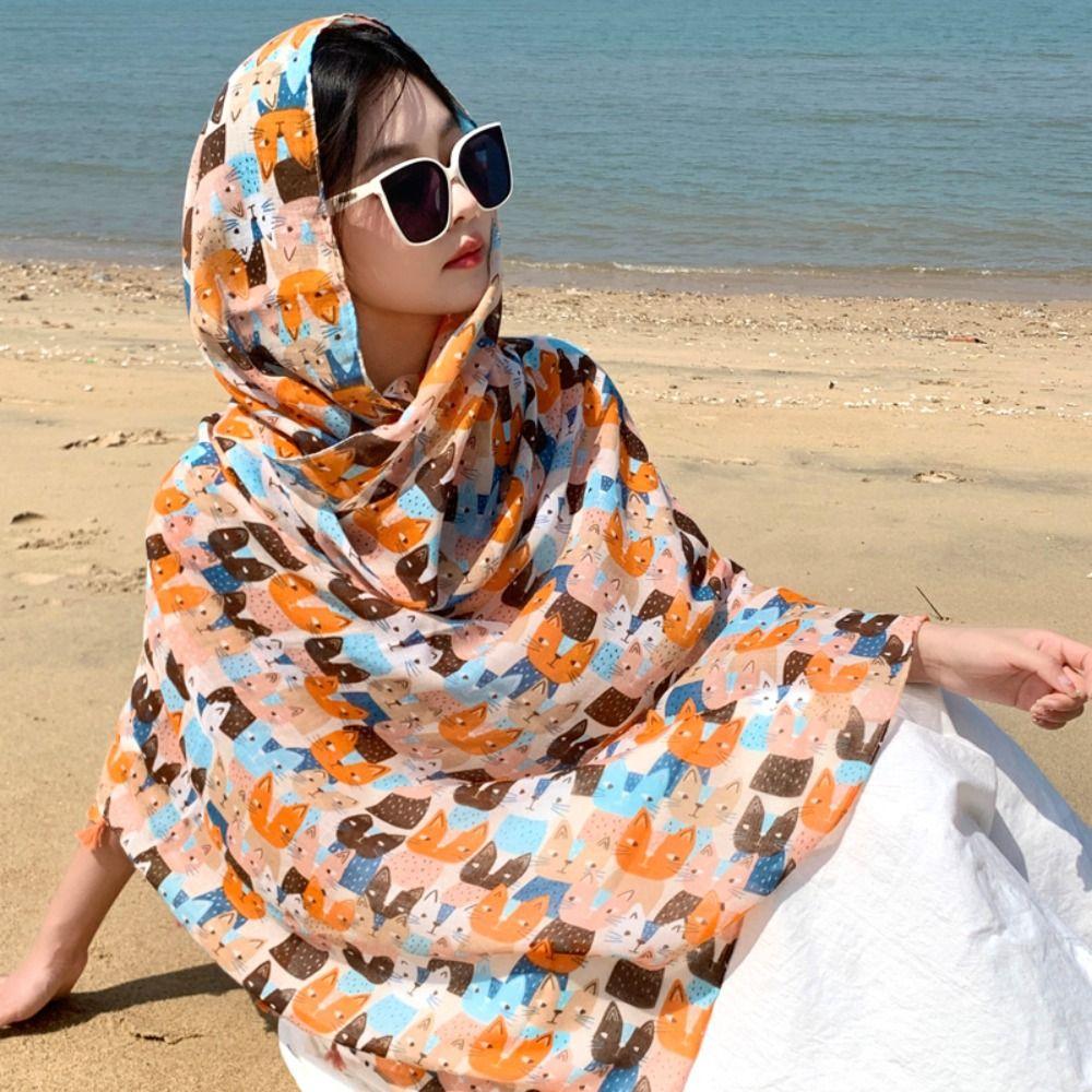 Bohemian Cat Pattern Tassel Scarf Long Animal Print Scarves Elegant Ethnic Style Wrap Female