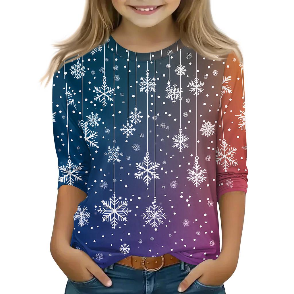 Children's 3/4 Sleeve Tops Casual Christmas Print T Shirt Round Neck Pullover Blouse