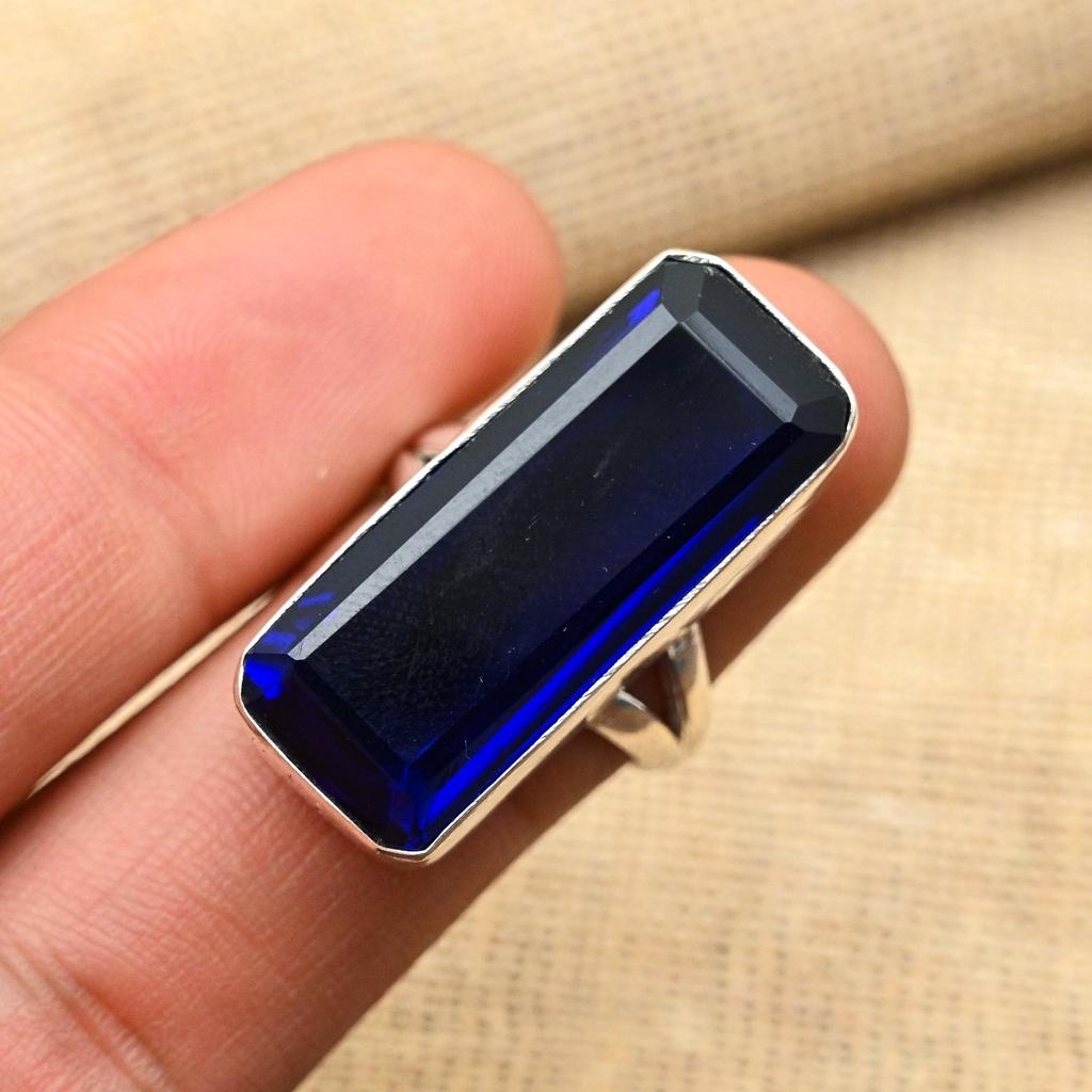 Blue Sapphire Lab-Created Gemstone Handmade 925 Solid Sterling Silver Jewelry Ring