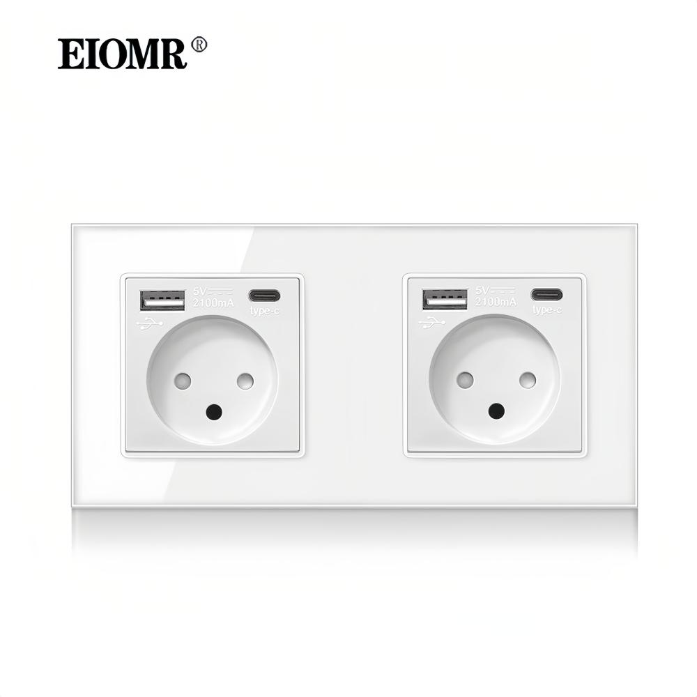 EIOMR 16A Израильская настенная розетка, USB A C порт для зарядки, Белая панель из хрустального стекла, Одиночная, Двойная, Тройная, Израильский тип C розетка