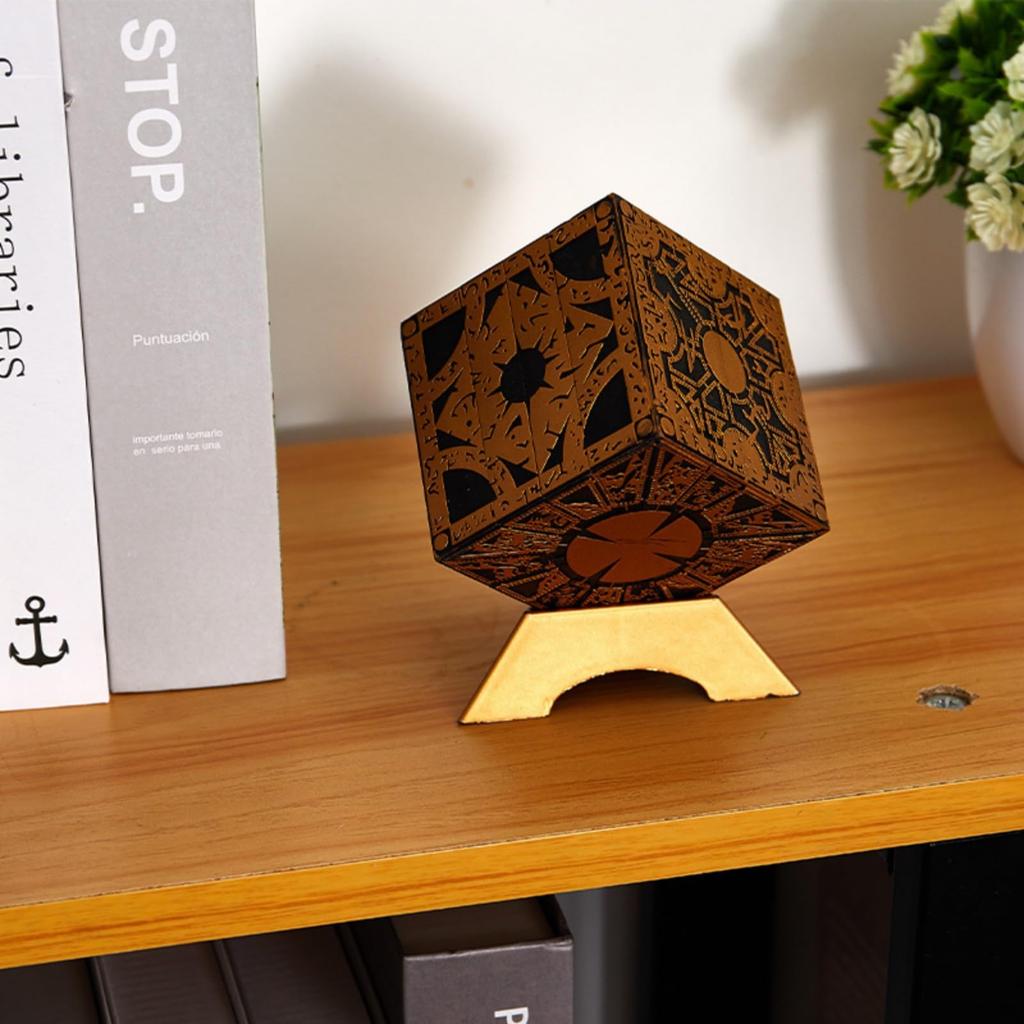 Lunari Puzzle Box Cube with Base, 3D Square, Interior Display, Antique Collection