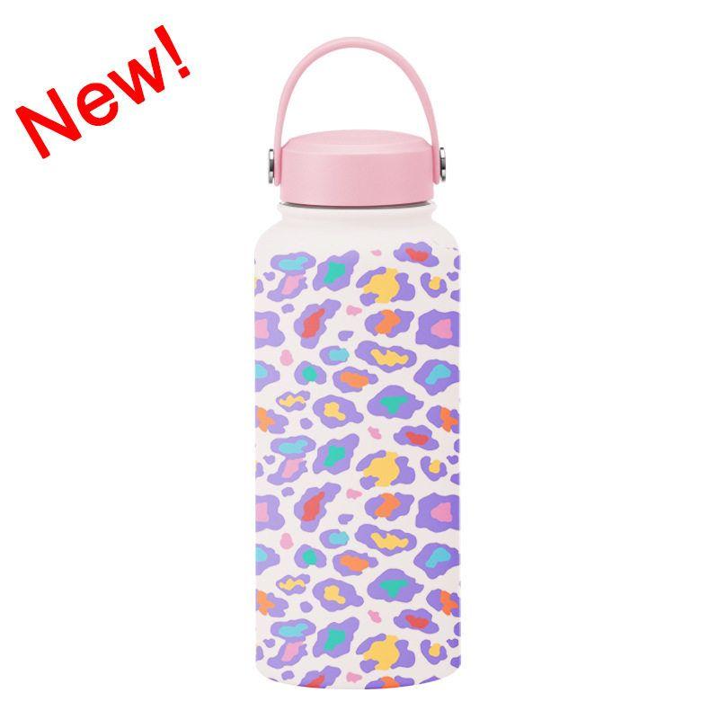 2025 New Model 1L Large Capacity Thermos Cup with Wide Mouth, Portable Handle, Sports Water Bottle, Outdoor Printed Water Cup for Women
