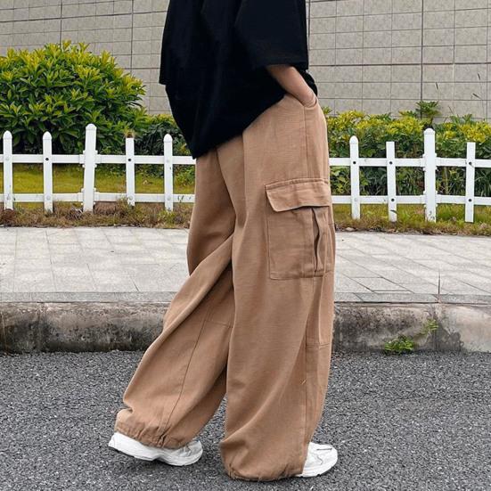Men Pants with Multi Pockets Elastic Waist Wide Leg Oversized Vintage Cargo Pants Solid Color Streetwear Slacks for Outdoor Hiking Camping