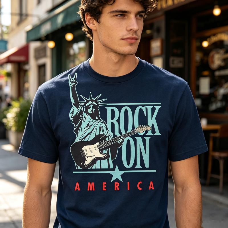 Rock On America Статуя Свободы Гитара Графический Футболка Унисекс Унисекс Унисекс Хлопок Короткий Рукав Футболка Повседневная Уличная Одежда Праздник