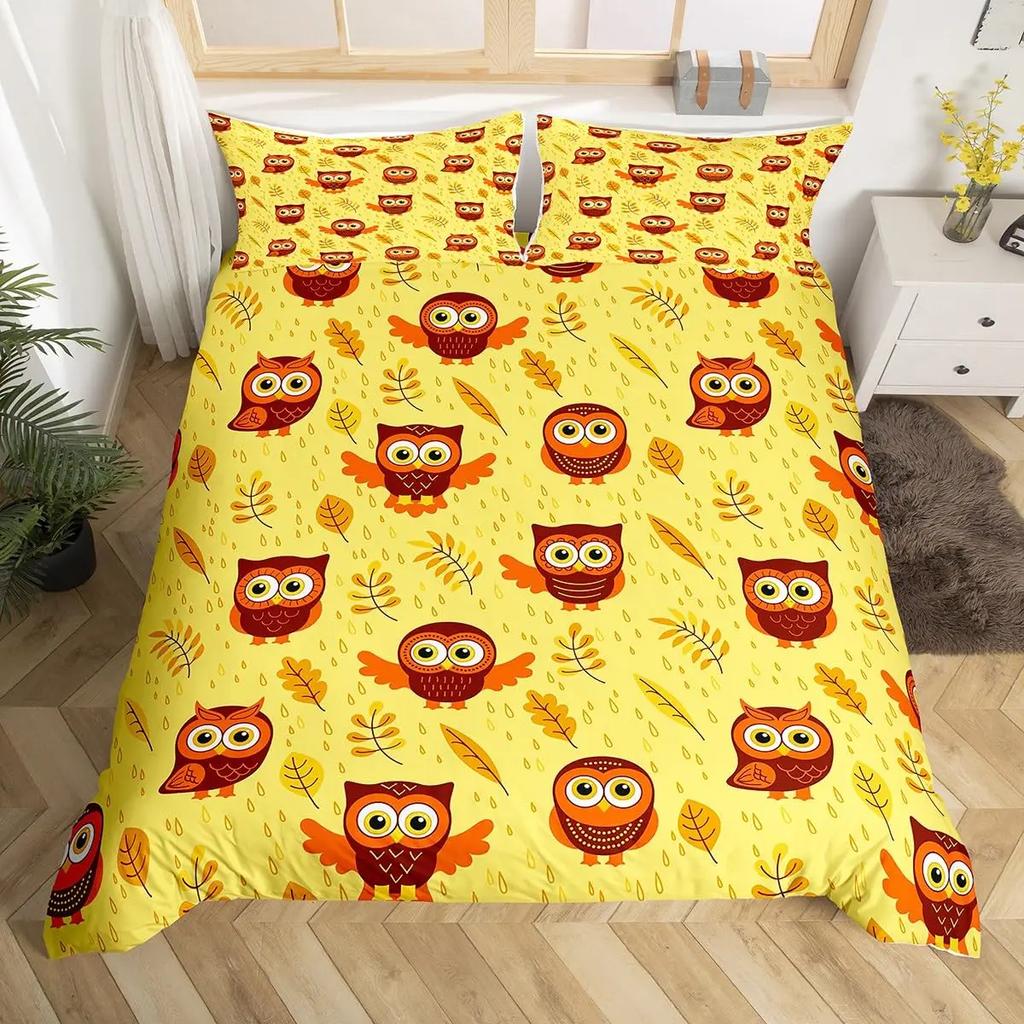Kids Cartoon Garden Bed Set Cute Owls Comforter Cover, Chic Tree Butterfly Duvet Cover Full Queen White Daisy Floral Bedding Set