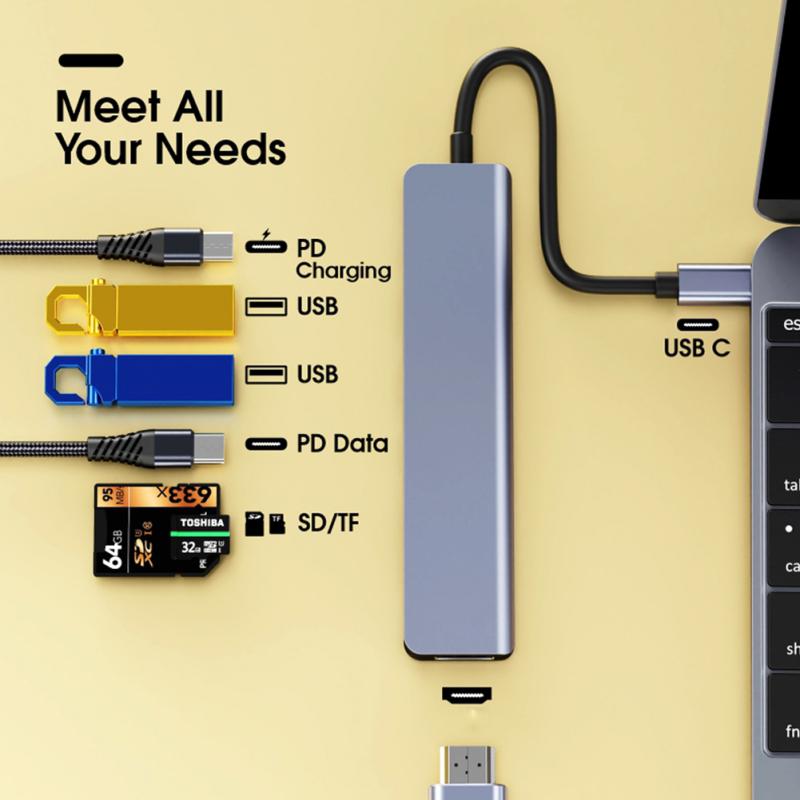 Dj1013 7 в 1 Usb C Hub для 4k HDMI-совместимого адаптера типа C с Pd Tf Sd, совместимого для