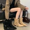 Fashion Pointed Toe Chunky Woman Ankle Boots Suede Fashion Designer Buckle Walking Shoes 2025 Trend Winter Retro Western Cowboy Booties
