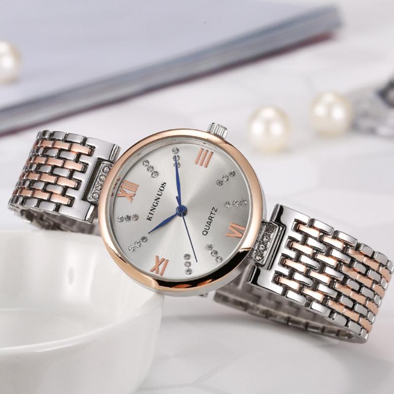 KINGNUOS Высококачественные модные женские часы с бриллиантами, водонепроницаемые женские часы с твердым стальным ремешком