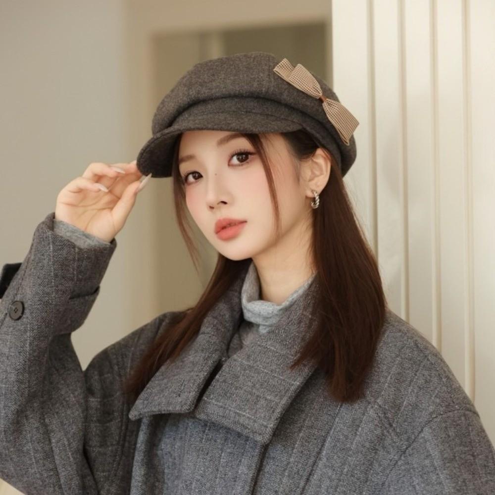 Wool Newsboy Hat Solid Color Octagonal Cap Casual Painter Hat  Female