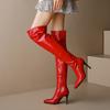 Высокие сапоги женские модные лакированные сапоги выше колена сексуальные туфли для ночного клуба женские туфли красные черные белые большие размеры 48