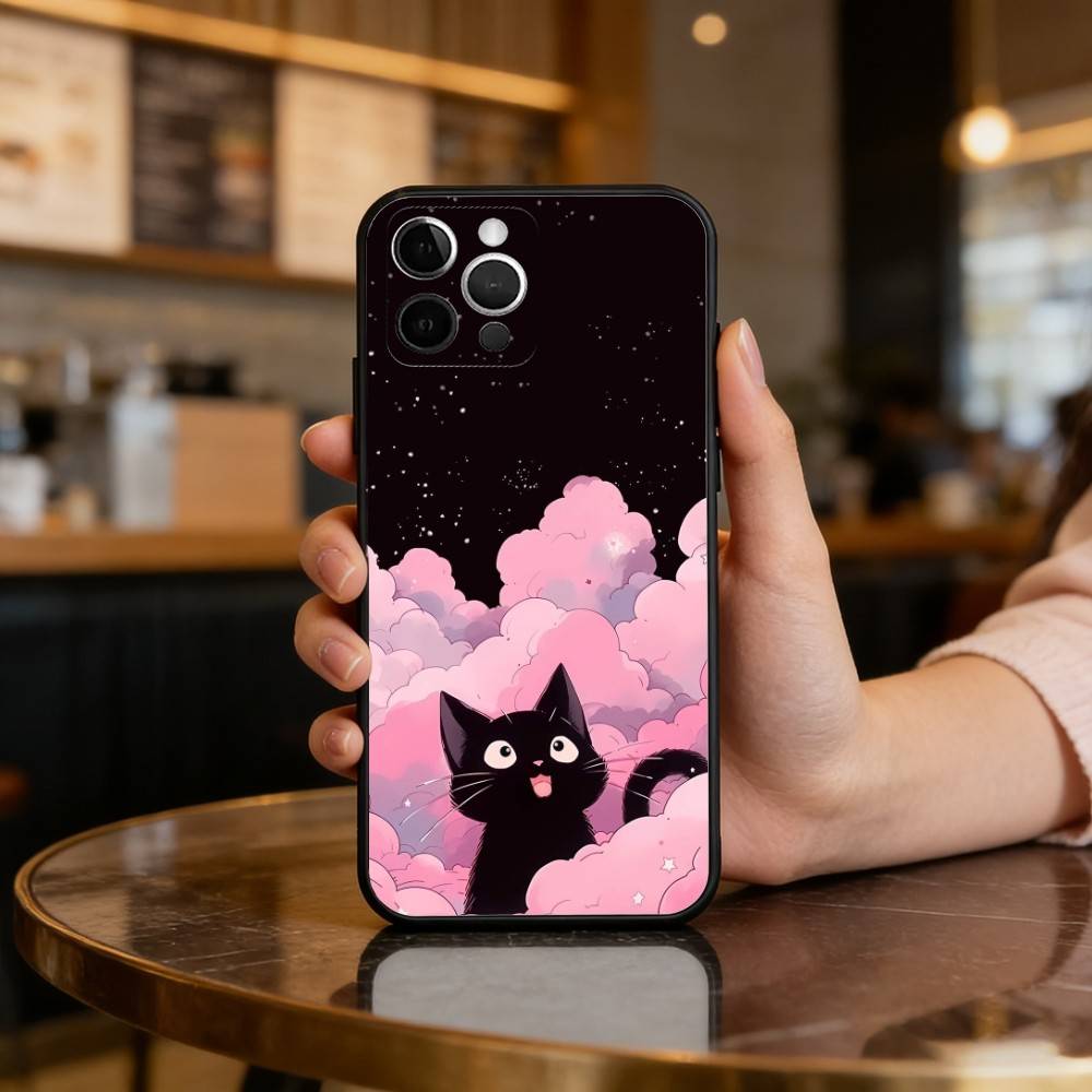 Мультяшный Чехол-Кот A-Art для Телефона iPhone 17,16,15,14,13,12,11 Plus,Pro Max, Мягкий Силиконовый Черный Чехол