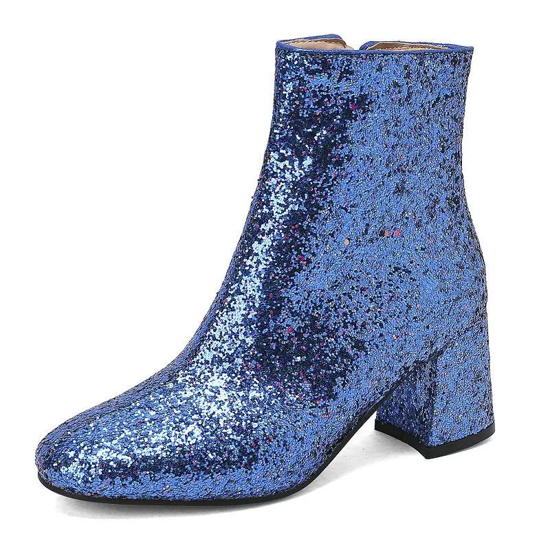 Gold Silver Blue Sequined Cloth Glitter Shoes Women High Heels Ankle Boots