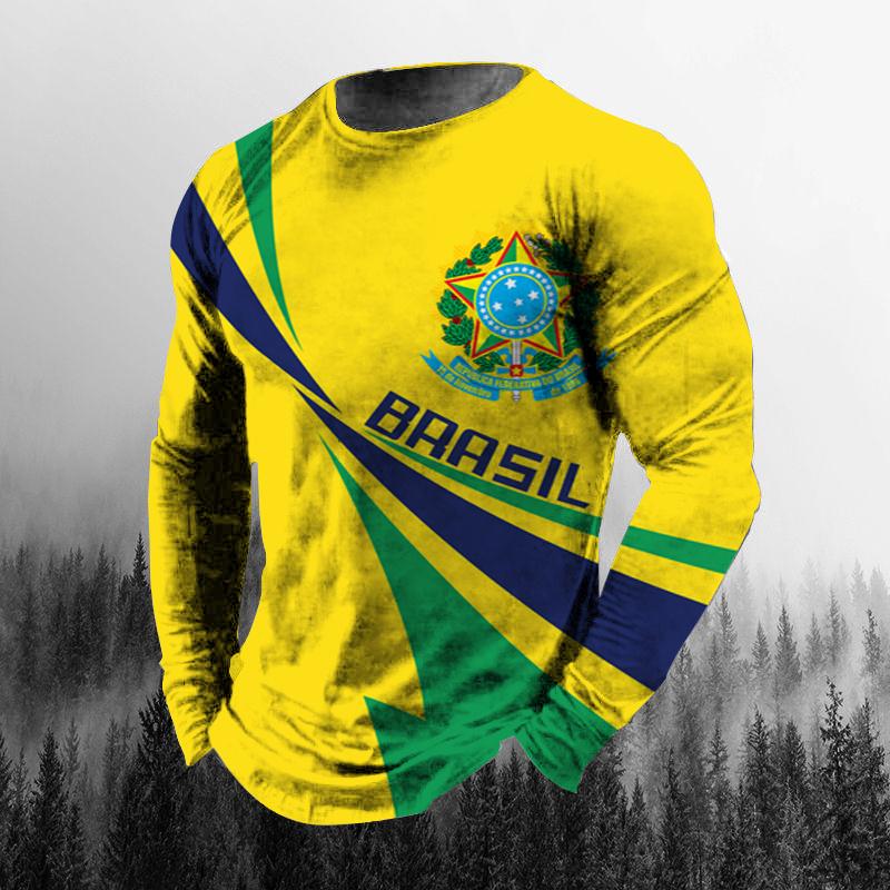 Винтажная осенняя мужская футболка с 3D принтом бразильского флага и круглым вырезом, повседневная футболка большого размера с длинными рукавами, модный пуловер, мужская одежда