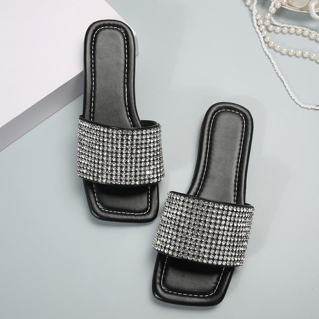 2025 весна и лето новые женские тапочки со стразами на плоской подошве, один размер, сандалии большого размера женские тапочки