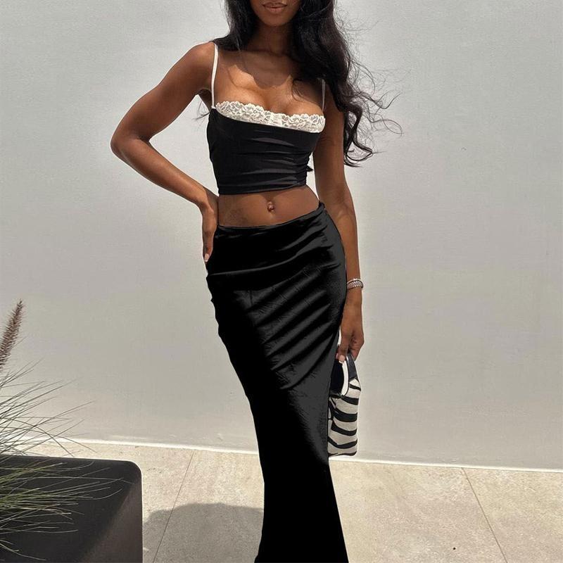 Черная атласная юбка-макси для женщин, высокая талия, кружевные боковые тонкие облегающие юбки-карандаши, женская элегантная клубная вечерние юбка