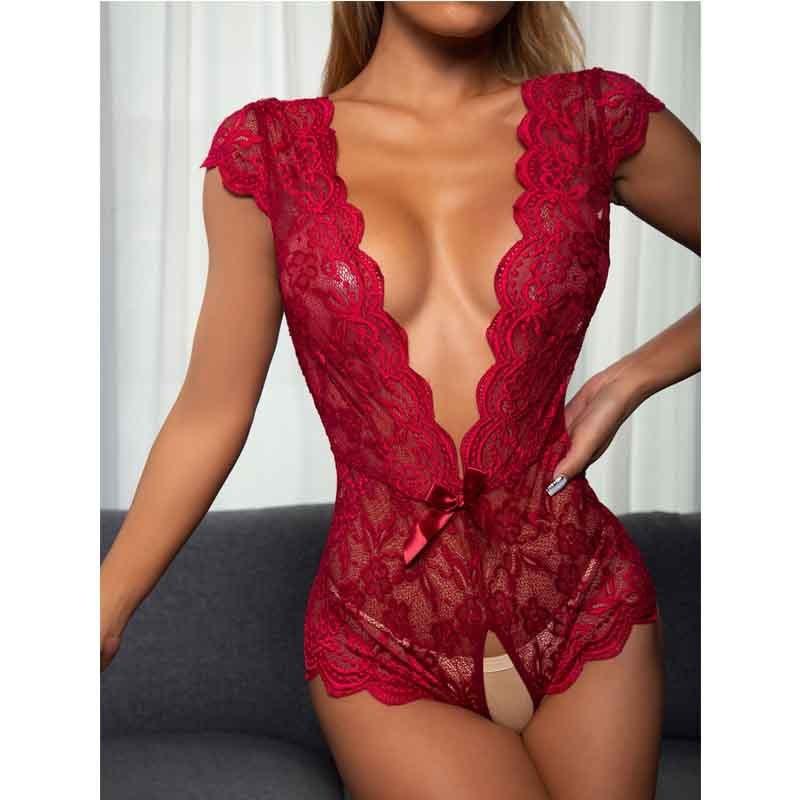 Sex underwear backless deep V-neck lace passion temptation pajamas hollow perspective wear women