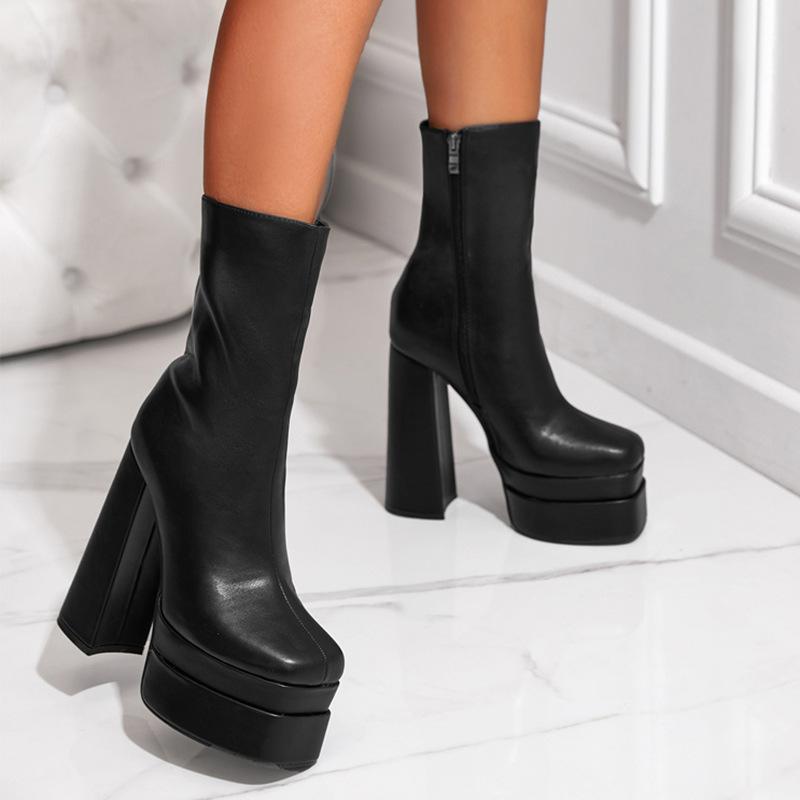 Fashion Chunky Platform Boots Women 2024 New High Heels Ankle Boots for Women Black Leather Square Toe Zipper Women Shoes Botas Mujer
