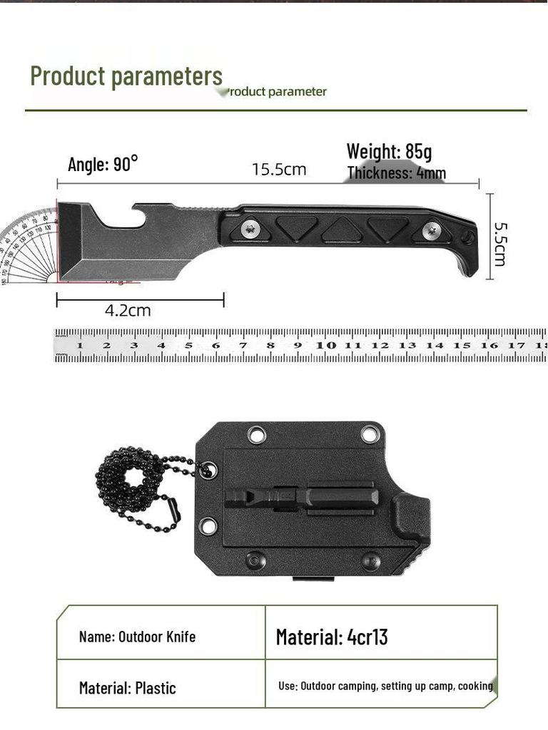 Multi-functional Outdoor EDC with Bottle Opener, Whistle, Chain, Shovel, Knife, Ice Hammer, and Straight Knife.