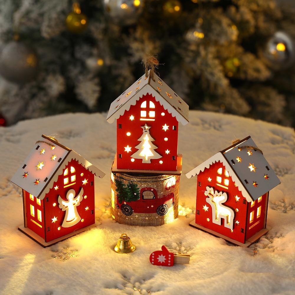 Red/wood Glowing Log Cabin Angle Elk Santa Claus Christmas Tree Decorations  Kids Gifts