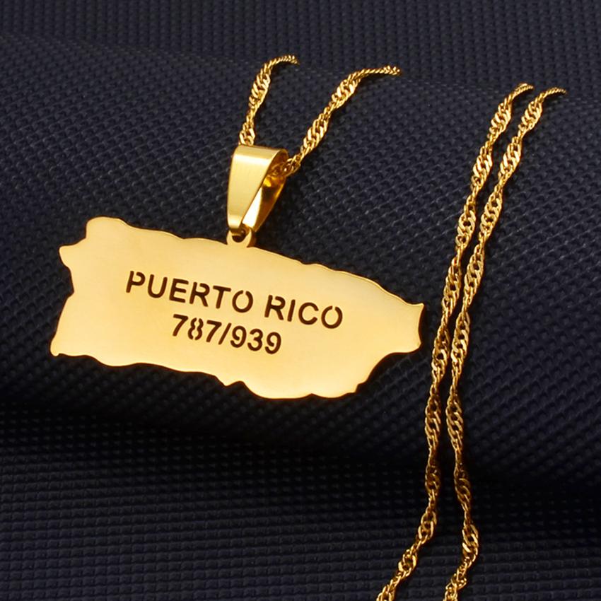 Anniyo Puerto Rico Map and Area Code Pendant Necklaces Gold Color PR Puerto Ricans Jewelry @238021