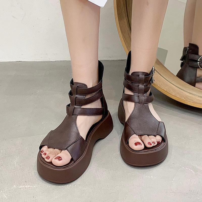 Летние модные римские сандалии для женщин на толстой подошве с пряжкой в виде рыбьего рта и ремешком, высокие классные ботинки, сандалии, сплошная полая обувь