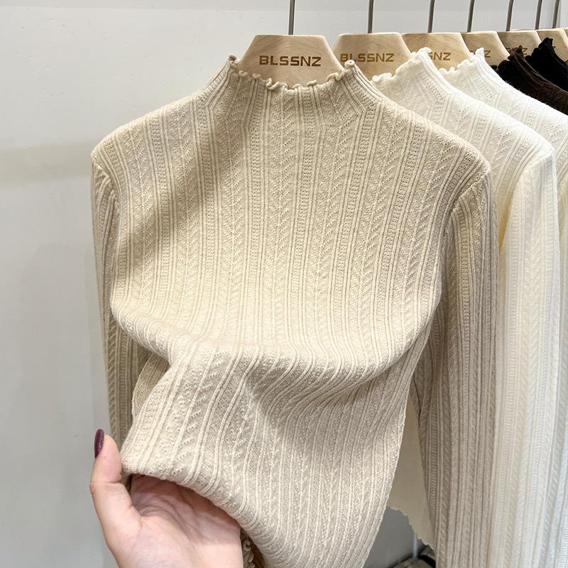 Autumn and Winter Women's Bottoming Shirt Knit Sweater Wooden Ear Edge Soft Half-high Neck Bottoming Shirt Long Sleeve Tops
