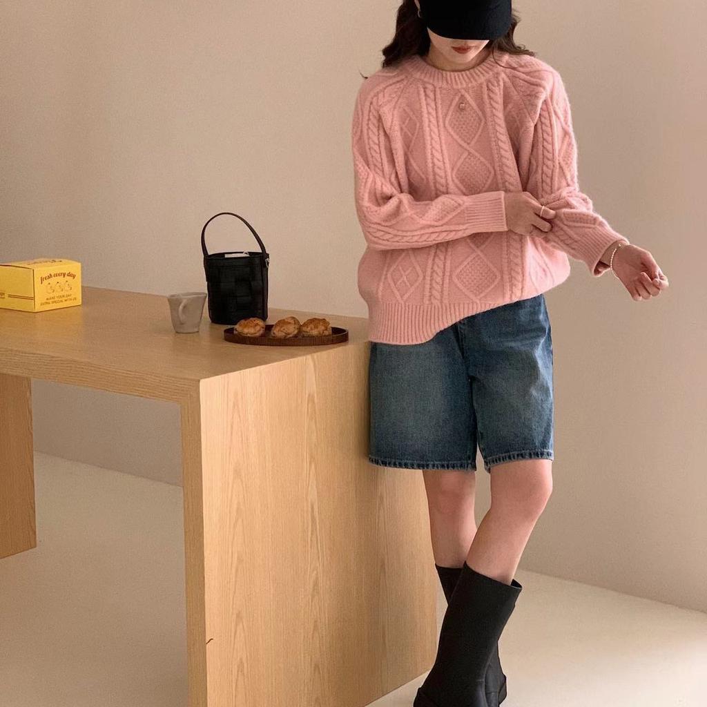 Vintage Twist Thickened Pullover Sweater Women's Autumn and Winter Solid Color Round Neck All-match Loose Knitted Sweater for Outer Wear