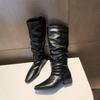 Модные осенне-зимние новые высокие сапоги для женщин в стиле панк, плиссированные замшевые кожаные длинные сапоги для женщин, ковбойские сапоги в стиле вестерн, женские сапоги