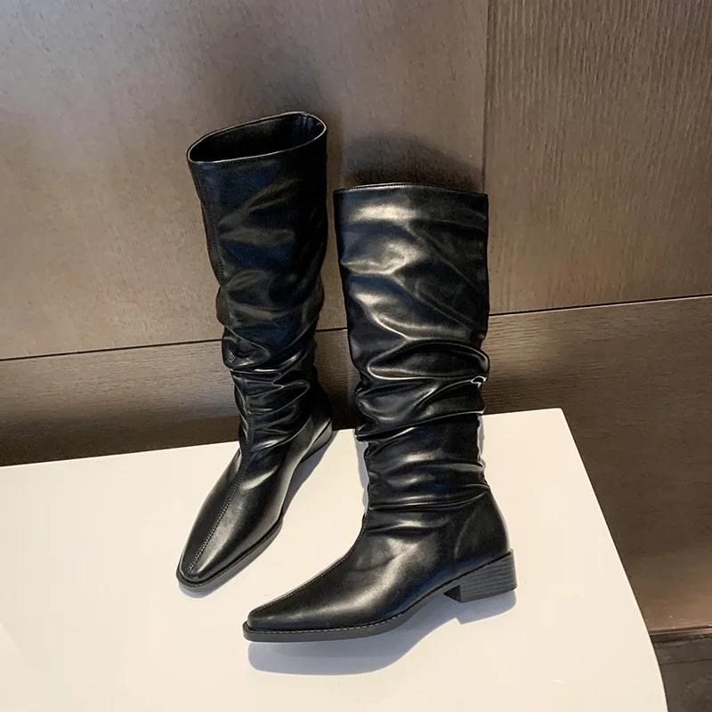 Модные осенне-зимние новые высокие сапоги для женщин в стиле панк, плиссированные замшевые кожаные длинные сапоги для женщин, ковбойские сапоги в стиле вестерн, женские сапоги