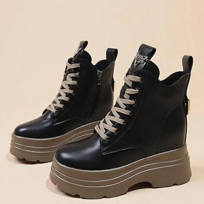 Модные кожаные ботильоны 10 см для женщин, новые теплые мотоциклетные ботинки 2024 года, женские винтажные ботинки на шнуровке для зимы с мехом на высоком каблуке